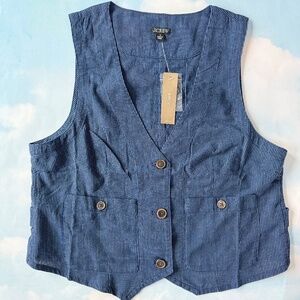 J.CREW Vest Lightweight Indigo Stripe Patch Pockets DESTON WASH Layer (8) Preppy
